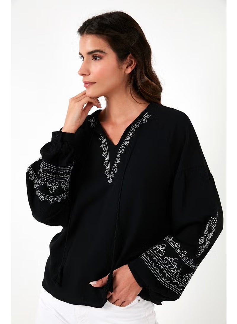 Lela Collar Tied Sleeves Embroidered V-Neck Regular Fit Blouse Women's BLOUSE 611BZ0368 - Image 3